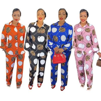 China Breathable Classic Two Pieces Set Floral Print African clothing Blouse Chiffon Long sleeve Office Casual Pant Suit 2022 Woman for sale