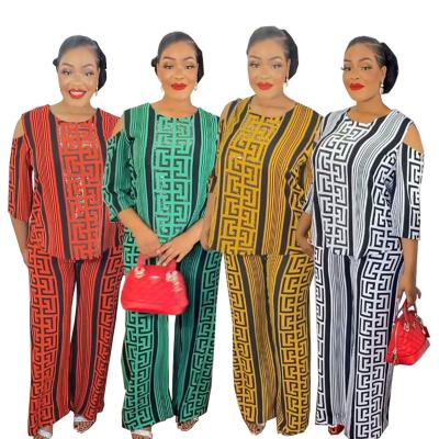 China Breathable New African Classic Two Pieces Set 2022 Floral Print Women clothing Blouse Chiffon Long sleeve Office Casual Pant Suit for sale