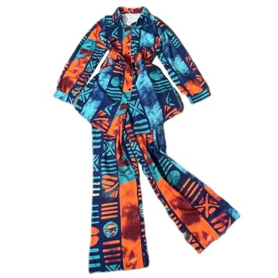 China Breathable New African Classic Two Pieces Set 2022 fashion Print Women clothing Blouse Chiffon Long sleeve Office Casual Pant Suit for sale