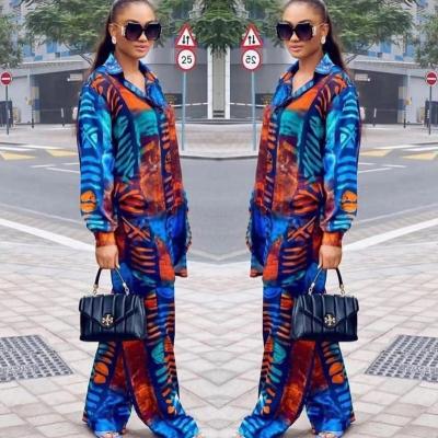 China Breathable New African Classic Two Pieces Set 2022 fashion Print Women clothing Blouse Chiffon Long sleeve Office Casual Pant Suit for sale