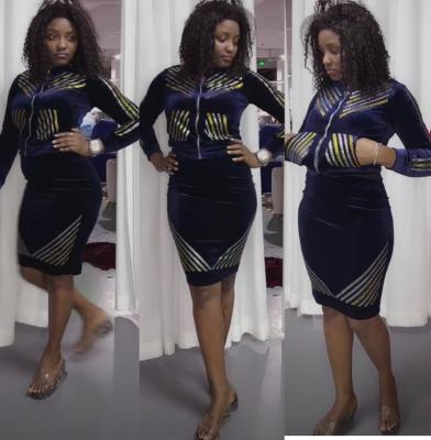 China 100% Polyester African Clothing Winter Outfit Velvet Tracksuit Stone Skirt and Top Jacket Womenswear New Crystal Set 2022 for sale