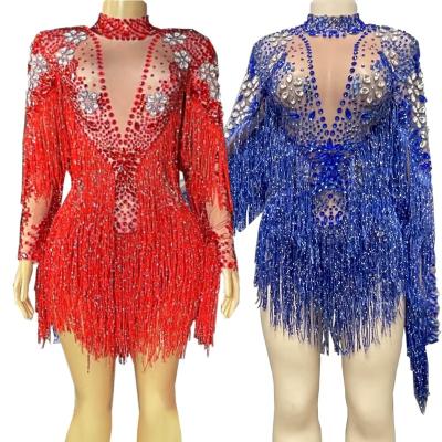 China Breathable New Pattern 2022 Bodycon Shiny luxury women Jumpsuit Sexy Tassel Crystal Elegant Dress Exotic Dance-wear Fringed Mini Evening for sale