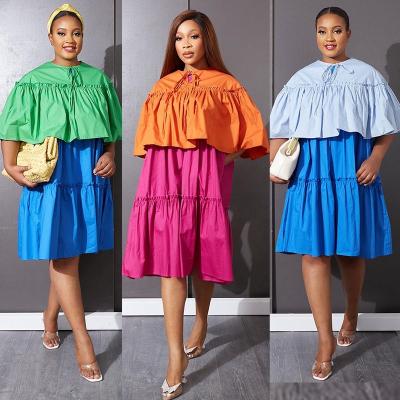 China Sustainable Puff cape dress Plus Size African Clothing shopping 2022 Top Fashion Ruffled Flares Bow-Tie Office Lady Elegant American Styles for sale