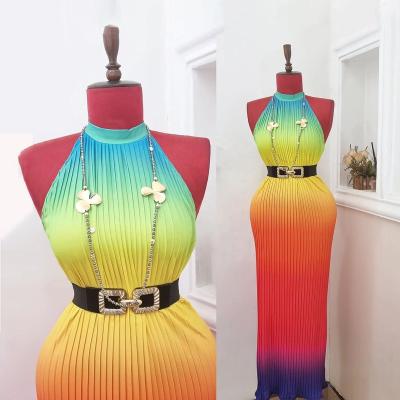 China Breathable Hot sale Rainbow color pleated chiffon dress plus size Summer robe maxi gown fancy flare outfit evening dress elegant vacation for sale