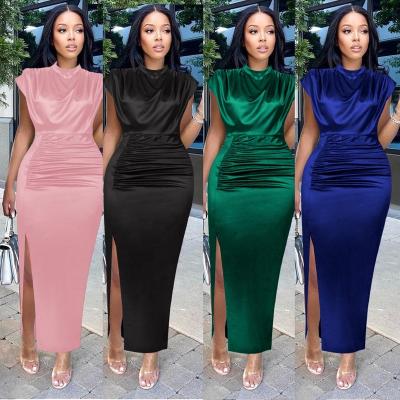 China Anti-wrinkle Plus size Elegant Evening Dress Temperament High-neck dubai maxi gown ruffles pleated Solid color High waist commuter robe for sale