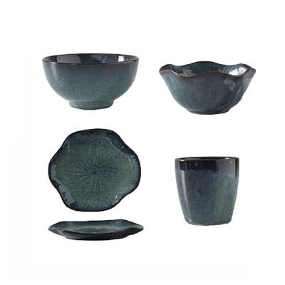 China Sustainable Dinnerware Bowl Dish Set Vintage Green Accidental Staining Ceramic Tableware for sale