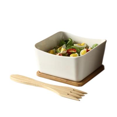 China Ceramic Salad Bowl Tall Salad Bowl With Wooden Rack And Spoon Maker for sale