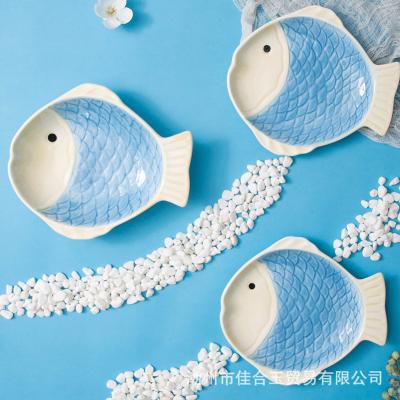 China Viable Wholesale Custom Decorative Ceramic Light Blue Fish Serving Bowl for sale