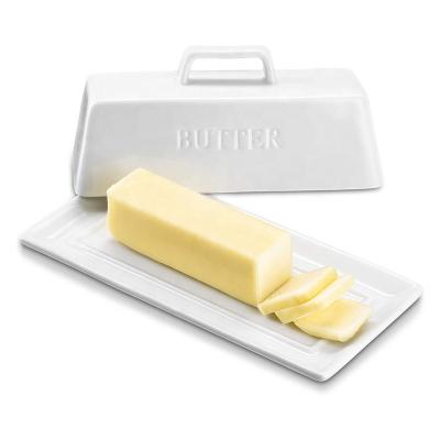 China Microwavable Ceramic Butter Dish with Handle Cover Design 7.5 Inches Wide White for sale