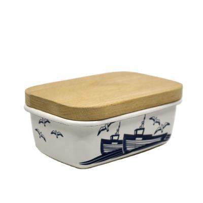 China Disposable Ceramic Butter Dish with Bamboo Lid for Butter and Food Storage Keeper for sale