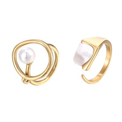 China FASHIONABLE High End 18K Pvd Gold Plating Opening Irregular Stainless Steel Rings Pearl Rings for sale