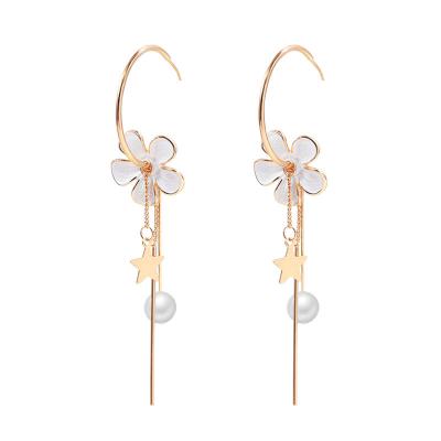 China Trendy Retro Pearl Earrings Temperament Tassel S925 Needle Flower Dangle Silver Long Earrings For Women for sale