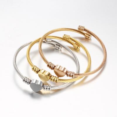 China Fashion TRENDY Gold/Silver Rose Gold Stainless Steel Cable Wire Circle Heart Charm Bangle Bracelet For Women for sale