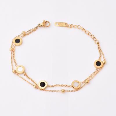 China TRENDY Double Layer Gold Stainless Steel Double Sided Shell Women Adjustable Bracelet Black And White for sale