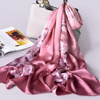 China Skin Friendly New Style 2021 Hand Painted Silk Satin Scarves Fashion Floral Print Pattern Women Long Scarves for sale