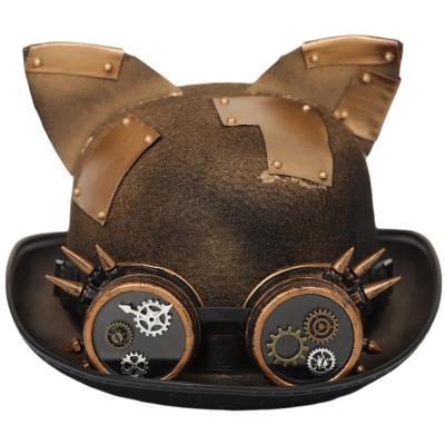 China Picture Black Glass Steampunk Party Carnival Cosplay Hats Halloween Dome Felt Hat With Rabbit Ears for sale