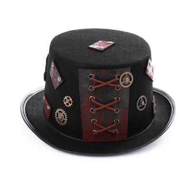 China Vintage Steampunk Black Party Hat Retro Punk Gear Unisex Fedora Gothic Top Hat Handmade Picture Halloween Prop for sale