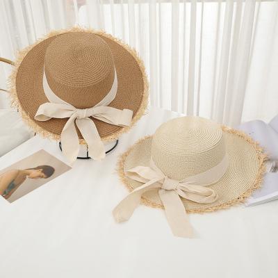 China Lady Boater Nature Raffia Sun Hat Striped Flat Surface Around Real Straw Beach Hat Round Summer Sun Ribbon Bow Panama Hat for sale