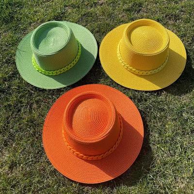 China Big Gutters Summer Candy Girl Chain Straw Hat Striped Beach Sun Shade Travel Concave and Convex Top Hat for sale