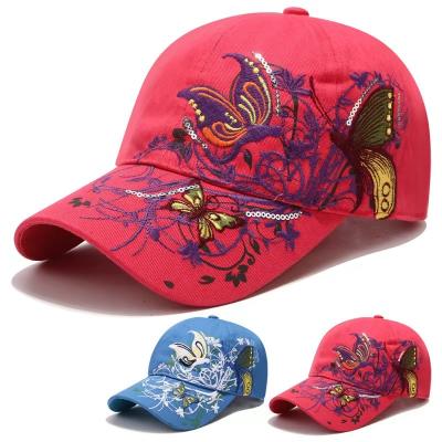 China Korean sequins crossed out embroidered baseball cap butterfly embroidery duck tongue lip print hat wet hood sun protection sun hat wholesale for sale