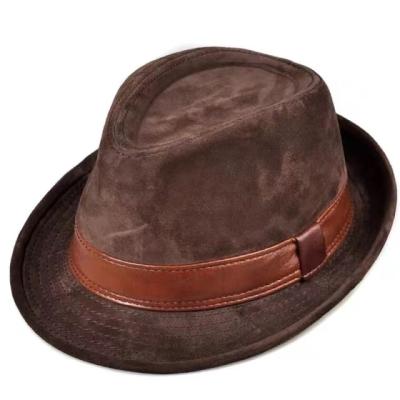 China Suede Fed Men Cowhide Nubuck Brown Felt Hats Women Male Gentleman Hats Jazz Hip Pop Caps 56 Genuine Leather Hat Men Fit 60cm for sale