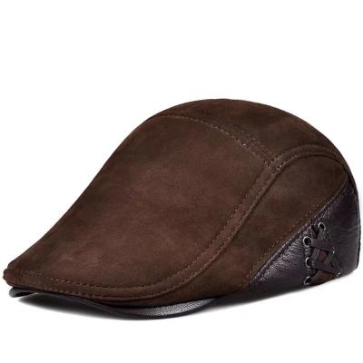 China JOINT Men's LA SPEZIA Beret Hat Real Cowskin Brown Earflaps Autumn Winter Gatsby Driver Ivy Hat Newsboy Leather Flat Warm Men's Berets for sale