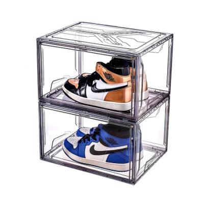 China Sustainable Organizer Bins Display Magnetic Drop Front Open Sneaker Shoe Storage Box Stackable Clear PET Shoe Box for sale