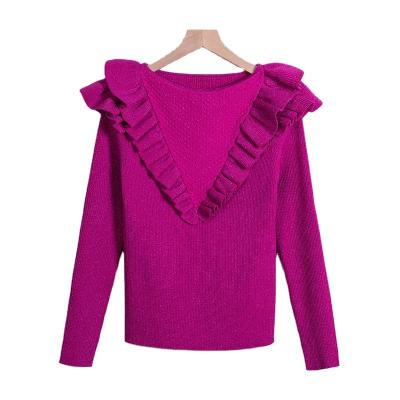 China Anti-wrinkle Fashion Design Women Flat Ruffled Round Neck Knitted Sweater Rose Red Women's Sweater Red Color Bouffancy Sweater Top for sale