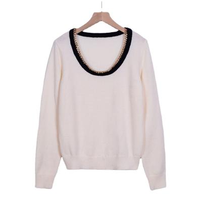 China Anti-wrinkle Autumn Winter Knit Ladies Round Neck Women Party Pullover with Gold Chain Pullover Knit Top Cashmere Sweater Women for sale