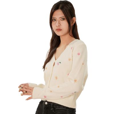 China Anti-wrinkle Custom spring and autumn new embroidered elegant casual long sleeve sweater V neck white sweet cardigan cashmere sweater for sale