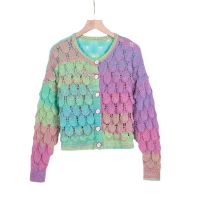 China Anti-wrinkle Custom Design Fall Winter Mohair Gradient Knit Women Cardigan Single Breasted Fashion Women Knit Cardigan Sweater for sale