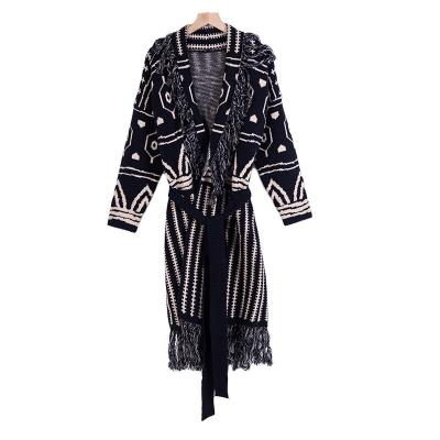 China Anti-wrinkle Winter Fringed Waist Banded Long Jacquard  Ladies Knit Custom Cardigan Knitted Over Size Women's Sweater Dress for sale