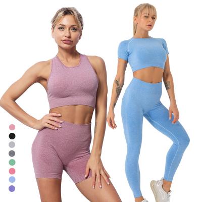 China Seamless Fitness and Breathable High Waist Women's Yoga Use Short 5 3 2 Piece Activewear Set Sports Gym Suit Workout Bra Leggings Yoga Sets for sale