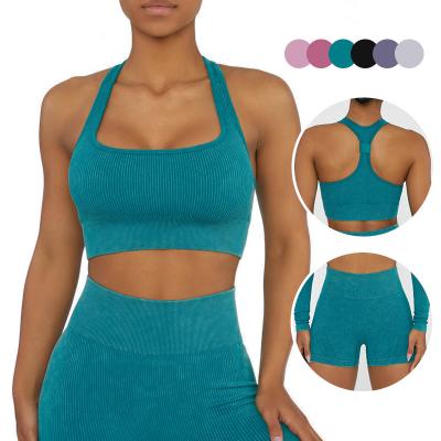 China 2022 New Arrival Breathable Yoga Fitness Women Gym Sports Seamless Sand Washed Lift Up Shockproof Double-Layer Bra Shorts For Girls for sale