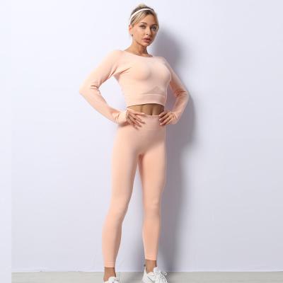 China New Design Breathable High Waist Long Sleeve Suit Two Pcs Women Yoga And Leggings Workout Fits Seamless Yoga Set for sale