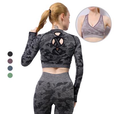 China Latest Camouflage Breathable Apparel Women Sports Wear Breathable Workout Suit Two Pcs Yoga Suits Seamless Yoga Set for sale