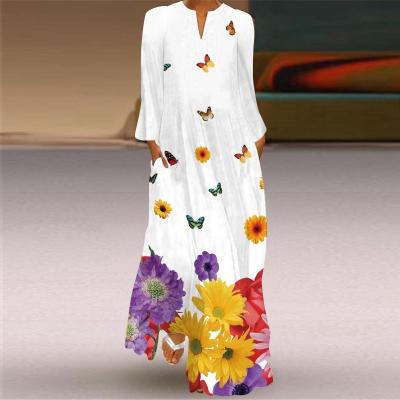 China 2022 anti-static European and American autumn floral printing dresses women fashion sexy folds lace up slip slit dress for sale