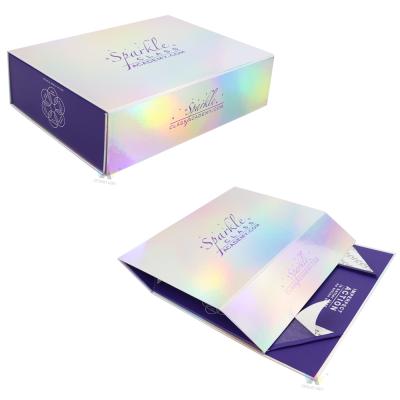 China Recycled Materials High Quality Rigid Recyclable Custom Printed Holographic Magnetic Flat Foldable Paper Gift Box Packaging for sale