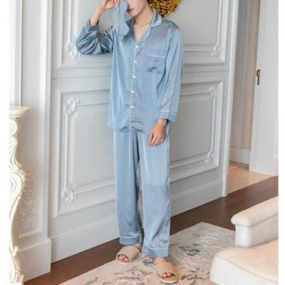 China Wholesale Cotton Polyester/Spring Printed Striped Pajamas Mens Trim Satin Shirt And Pants Sleepwear Set for sale