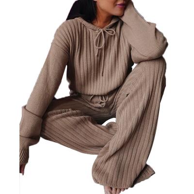 China Amazon Fashion Solid Color Anti-static Hot Selling Two Piece Set Winter Girl Hooded Long Pant Women Sweater for sale