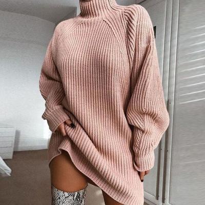 China Anti-Wrinkle Amazon Knitted Dress Autumn Winter Loose Knitted Dresses Turtle Neck Long Sleeve Sweater Dresses for sale