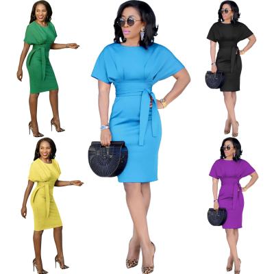 China Breathable Style Solid Color Bodycon Midi Dress Short Sheath O Neck Midi Dress With Lace Up Tie for sale