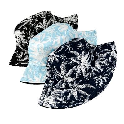 China New Fashion Unisex Sunscreen Designer Coconut Palm Printed Reversible Fisherman Caps Logo Custom Printed Bucket Hats Wholesale for sale