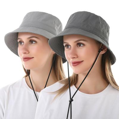 China Sunscreen 2023 Fashion Breathable Women Custom Bucket Hat With String Wide Brim Bucket Hat With Windproof Rope for sale