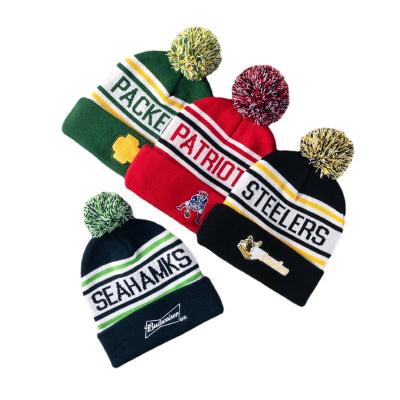 China Wholesale Custom Acrylic Embroidery COMMON Logo Beanie Hat Oem 100% Pom Pom Knitted Fashion Beanie Hats For Winter for sale