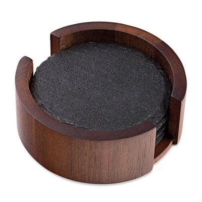 China Sustainable 4pcs Natural Slate Round Coasters With Dark Color Wooden Stand for sale