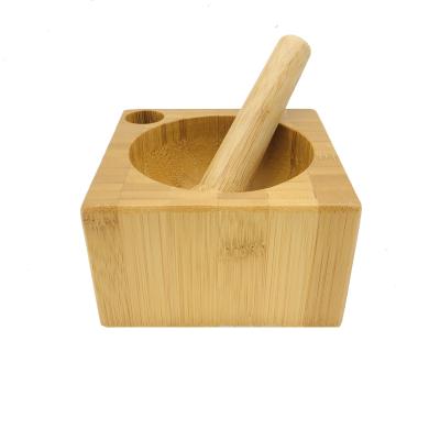 China Viable Round Manual Food Crusher Spice Crusher Wooden Household Kitchen Household Garlic Crusher Bamboo Mortar And Pestle Set for sale