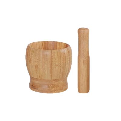 China Viable Round Manual Food Crusher Spice Crusher Wooden Household Kitchen Household Garlic Crusher Bamboo Mortar And Pestle Set for sale