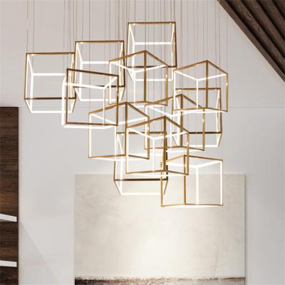 China Gold Minimalist Customizable Modern Geometric Light Steel Chandeliers Square Post Lamp Pendant Lights For High Ceiling for sale