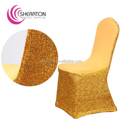 China New Design Good Quality Durable Luxurious Spandex And Gold Yarn Chair Covers For Wedding Banquet Wholesale for sale